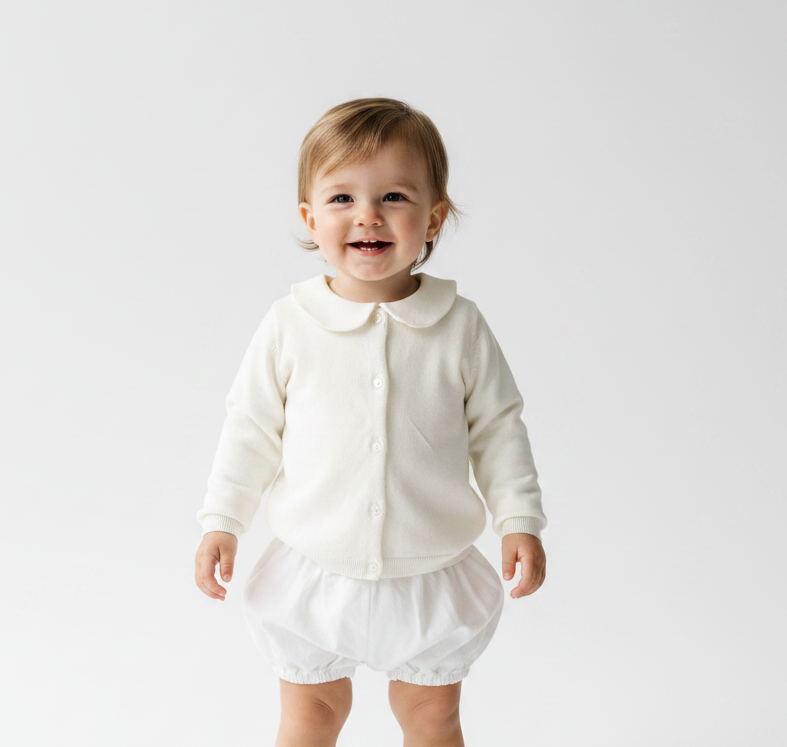 Baptism outfit with cotton onesie and cardigan or jumper and beige linen bloomers and white socks