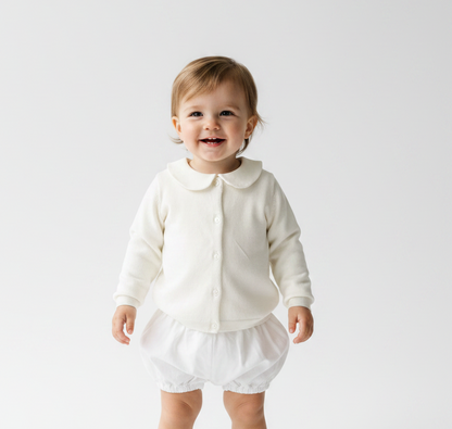 Baptism outfit with cotton onesie and cardigan or jumper and beige linen bloomers and white socks