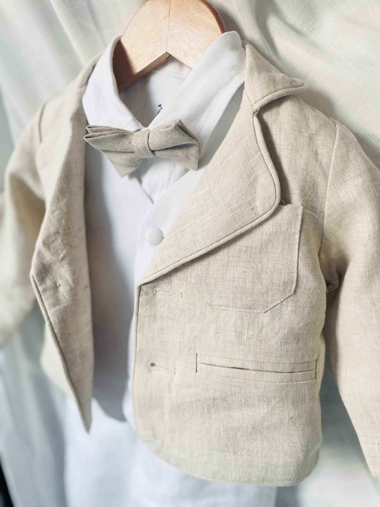 Boys White and Beige linen set with vest, shirt, pants, suspenders and bowtie plus optional jacket, cap and shoes