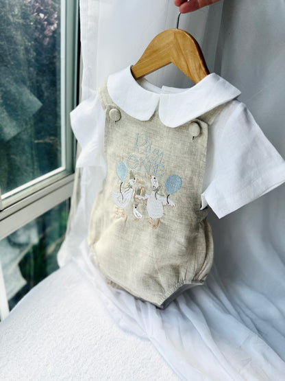 Beige and white linen Birthday and Baptism romper and blouse set