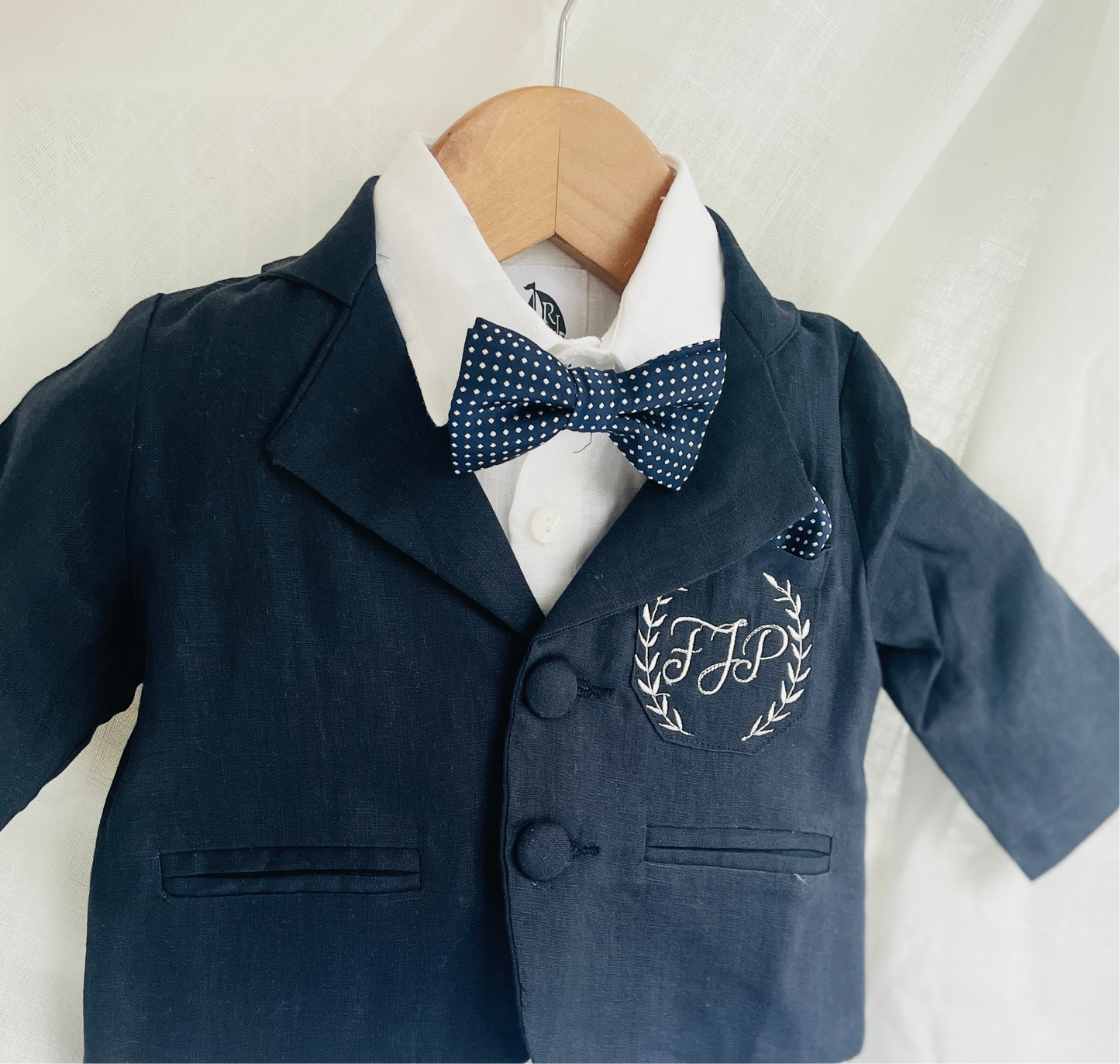 Navy blue linen baby and toddler boys formal baptism or wedding suit with accessories and optional personalisation