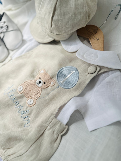 Beige and white linen Birthday teddy bear romper and blouse set