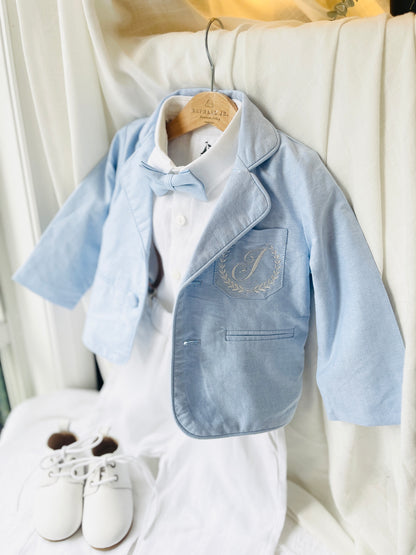 White linen Baptism Suit outfit with optional blue jacket and Accessories