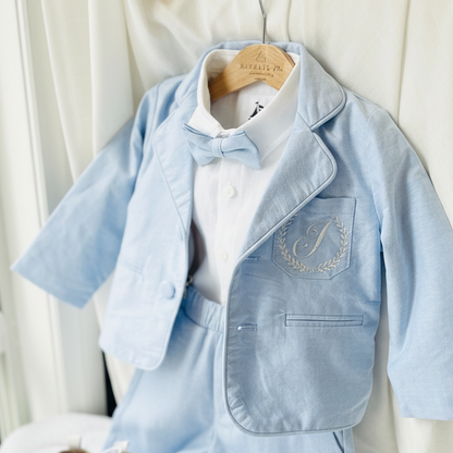 Baby and toddler boys pale blue chambray and linen full suit
