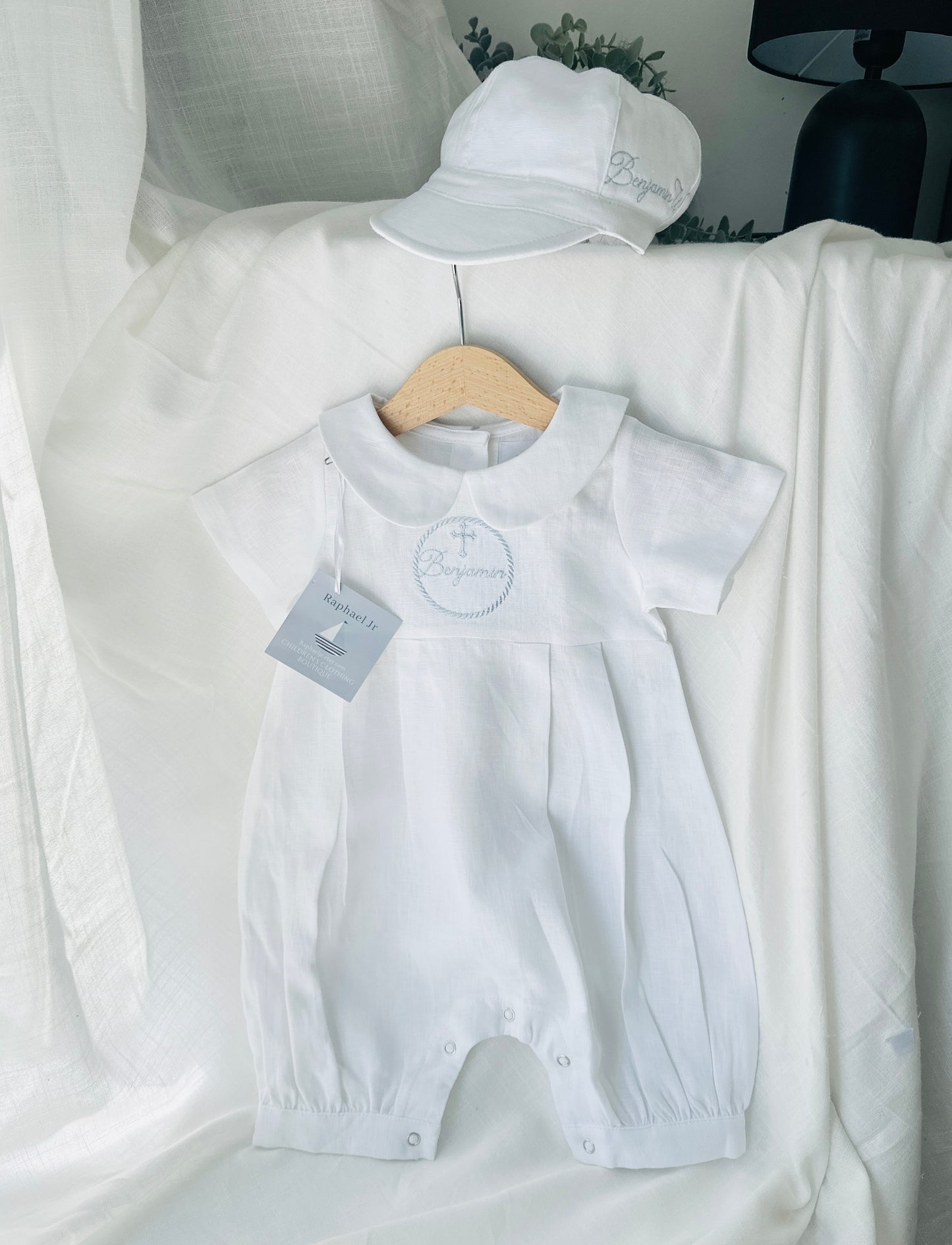 Linen Baptism romper dungaree jumpsuit with optional cardigan and embroidery