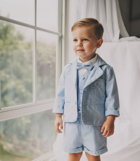 Pale blue summer vest set with blue vest, suspender shorts white shirt and blue blazer