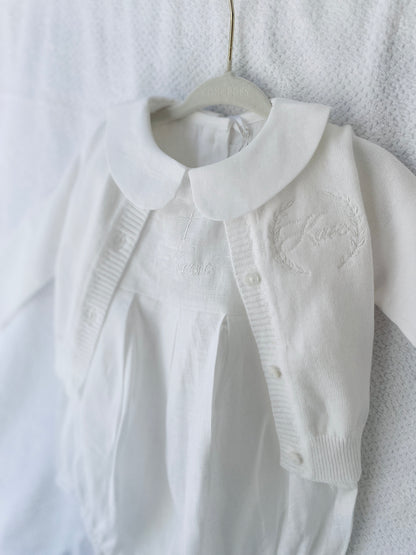 Linen Baptism peter pan collar bubble romper with optional embroidery customisation