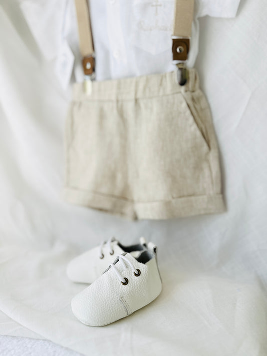 Beige linen summer set with shorts, shirt, suspenders and bow tie plus optional extras