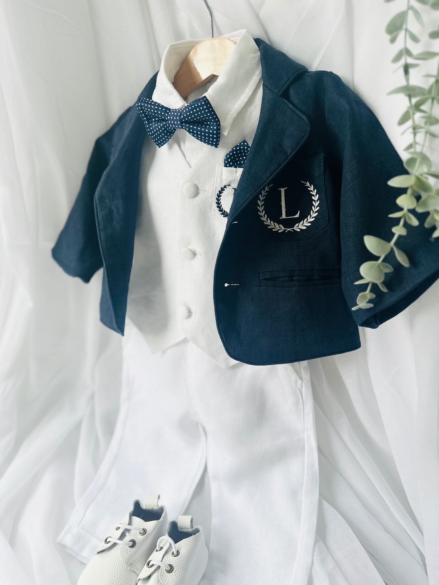 Boys white vest with white linen suit and navy jacket set