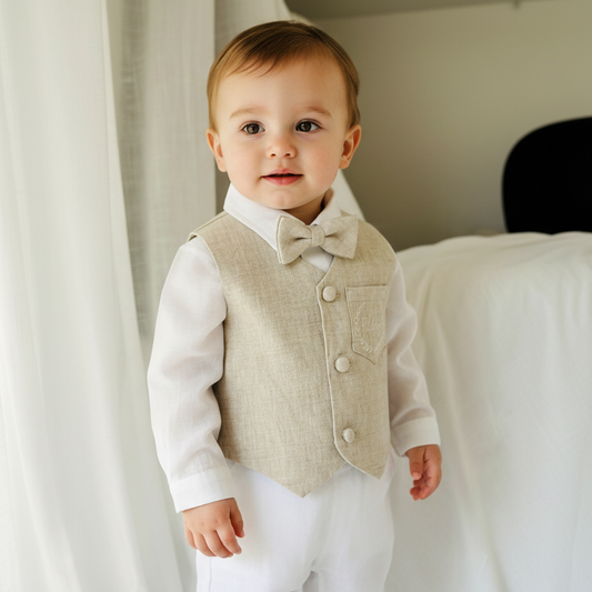 White and Beige Linen set with vest, shirt, pants, suspenders and bowtie plus optional jacket, cap and shoes