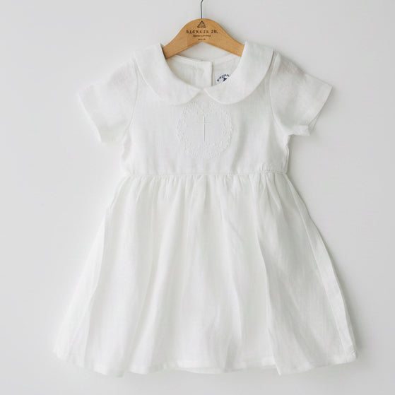 Pure Linen knee length Baptism Dress with embroidery and bloomers and optional ribbon