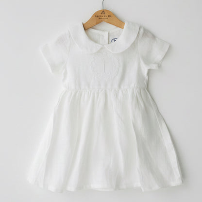 Pure Linen knee length Baptism Dress with embroidery and bloomers and optional ribbon