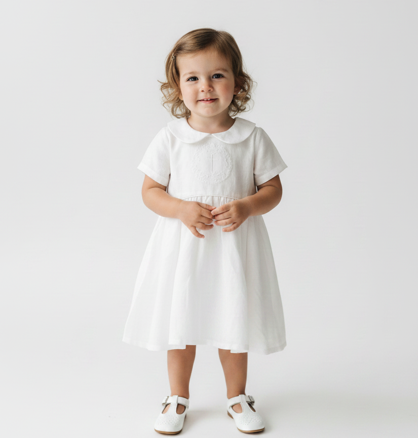 Pure Linen knee length Baptism Dress with embroidery and bloomers and optional ribbon