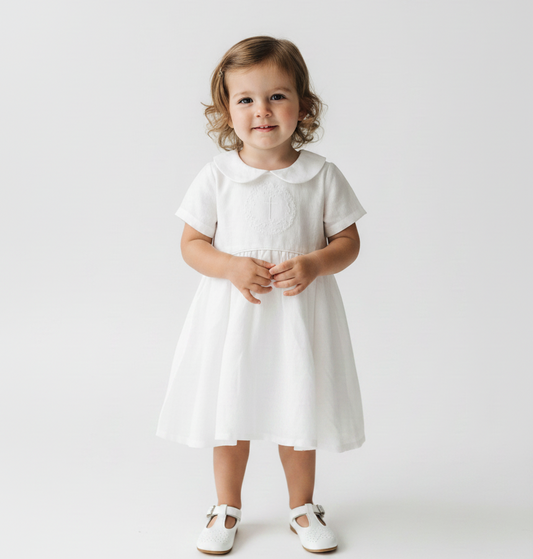 Pure Linen knee length Baptism Dress with embroidery and bloomers