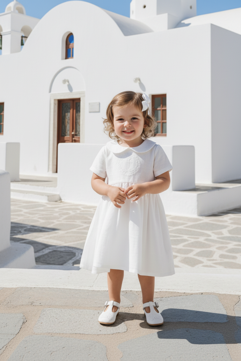 Pure Linen knee length Baptism Dress with embroidery and bloomers and optional ribbon