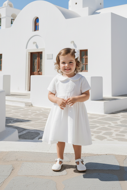 Pure Linen knee length Baptism Dress with embroidery and bloomers and optional ribbon