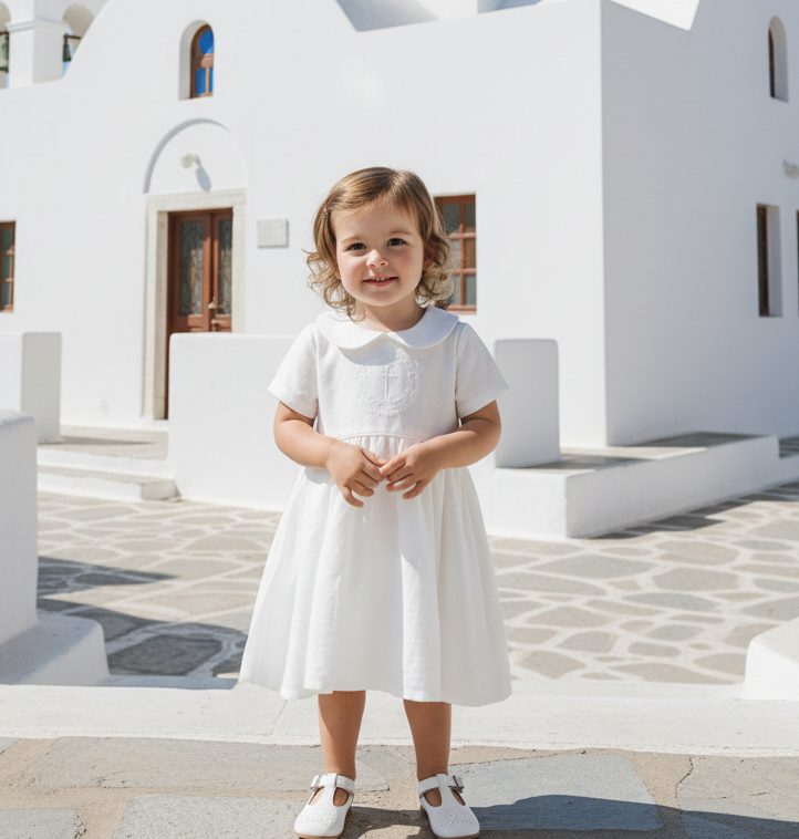 Pure Linen knee length Baptism Dress with embroidery and bloomers and optional ribbon