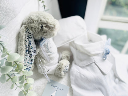 White linen summer Baptism outfit with suspender shorts, shirt, bowtie plus optional extras