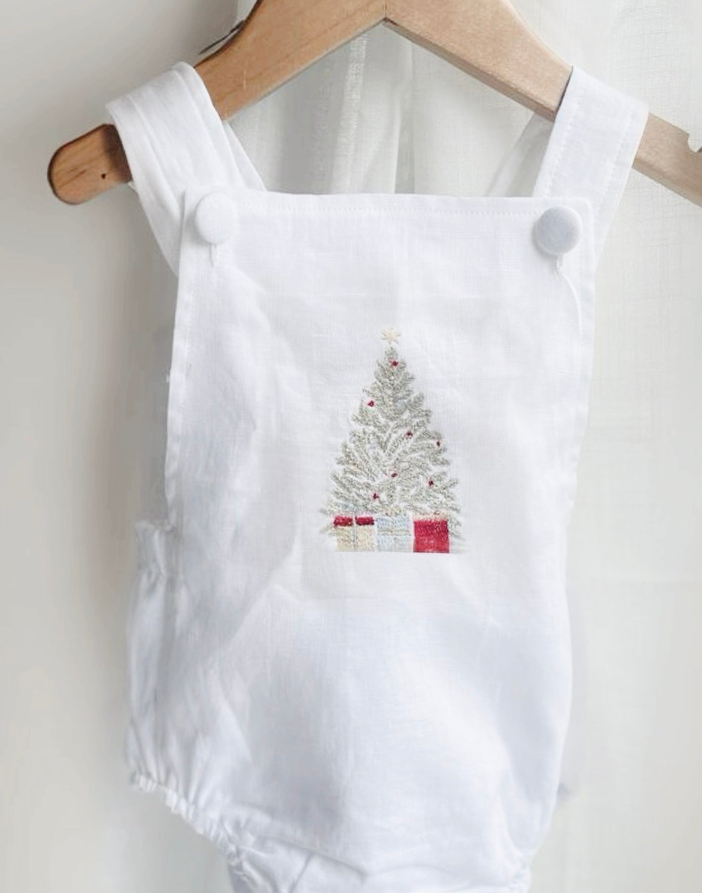 Christmas romper overalls in linen with embroidered design