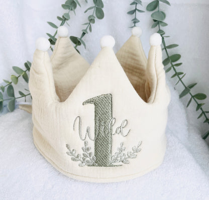 Beige or White First Birthday crown hat with embroidery
