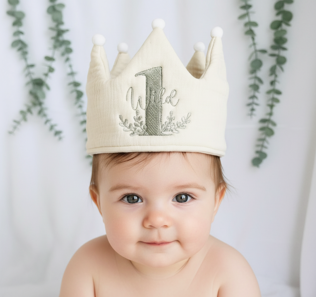 Beige or White First Birthday crown hat with embroidery