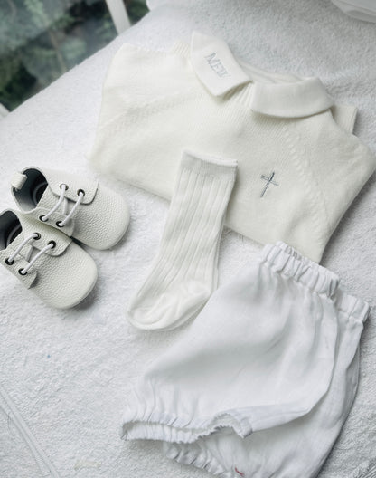 Baptism outfit with cotton onesie and jumper and linen bloomers and long socks