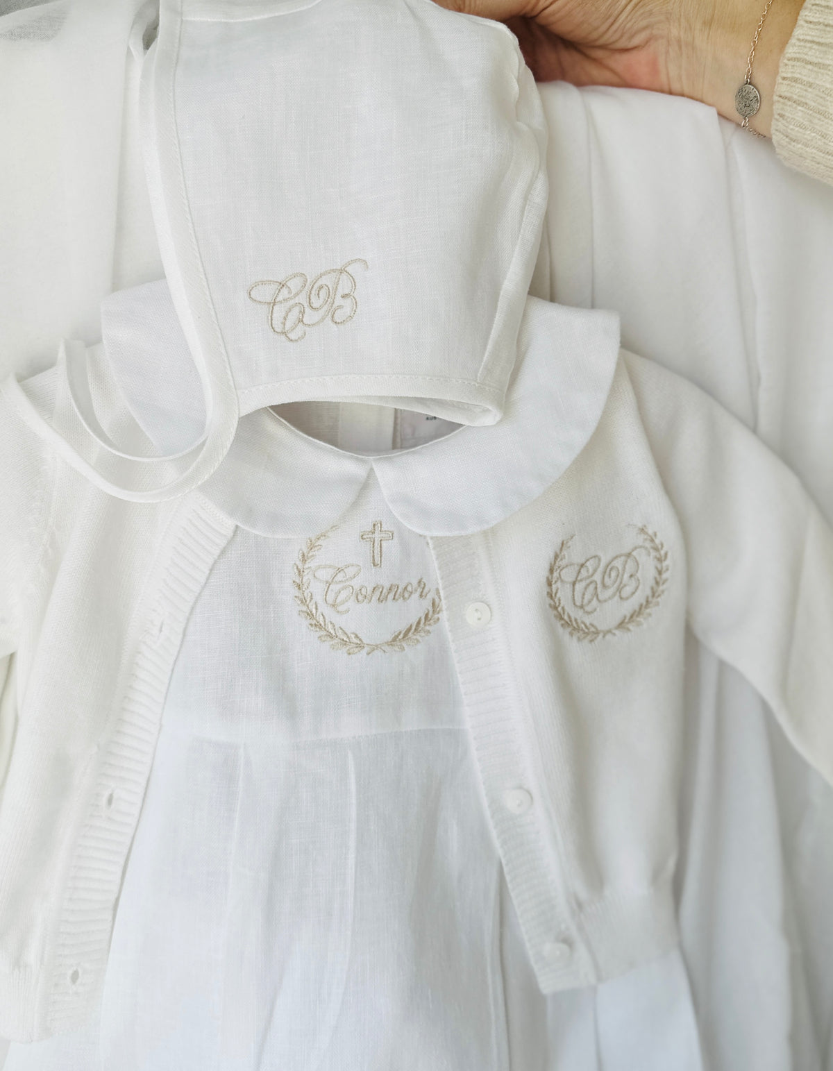 Linen Baptism 3/4 length jumpsuit romper with optional cardigan and embroidery