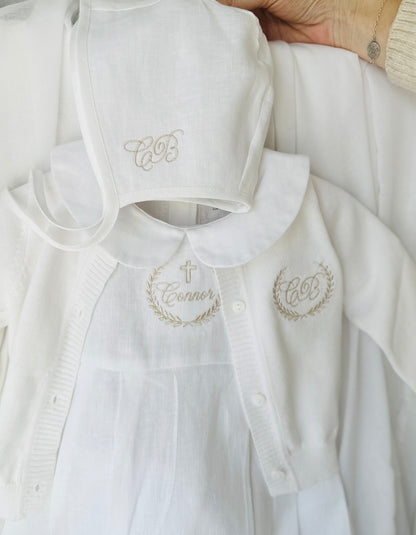 Linen Baptism 3/4 length jumpsuit romper with optional cardigan and embroidery
