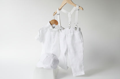 White linen Baptism Suit outfit with optional blue jacket and Accessories