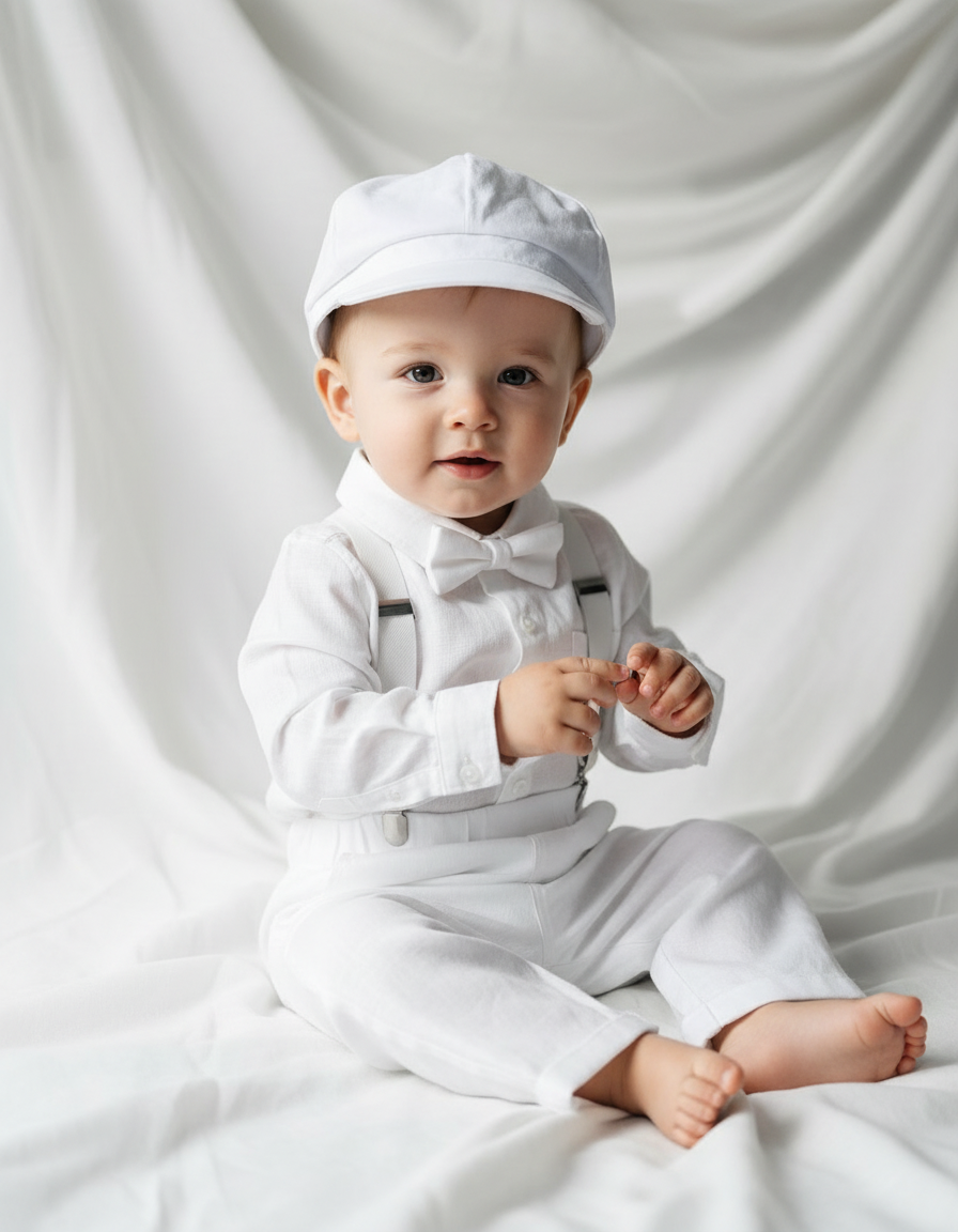 White linen Baptism suit set with pants, shirt, suspenders and bowtie plus optional jacket and extras