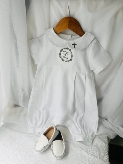 Linen Baptism 3/4 length jumpsuit romper with optional cardigan and embroidery