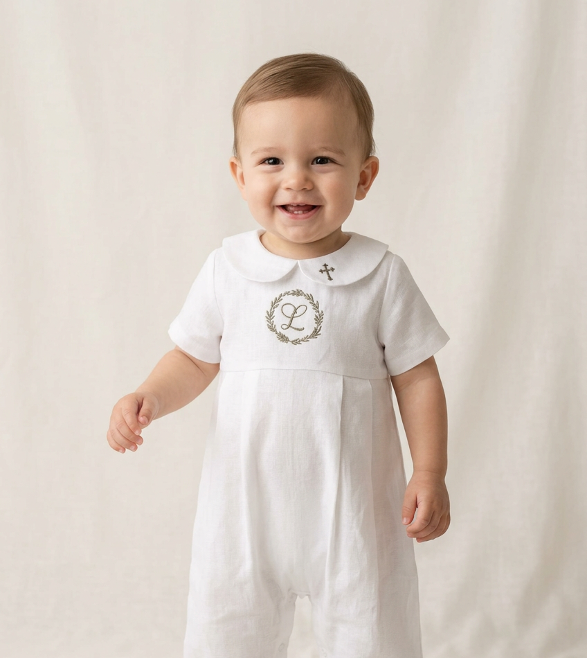 Linen Baptism 3/4 length jumpsuit romper with optional cardigan and embroidery