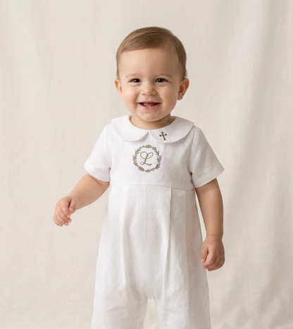 Linen Baptism 3/4 length jumpsuit romper with optional cardigan and embroidery
