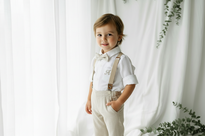 Beige linen pants and shirt set with bowtie and suspenders and optional personalisation