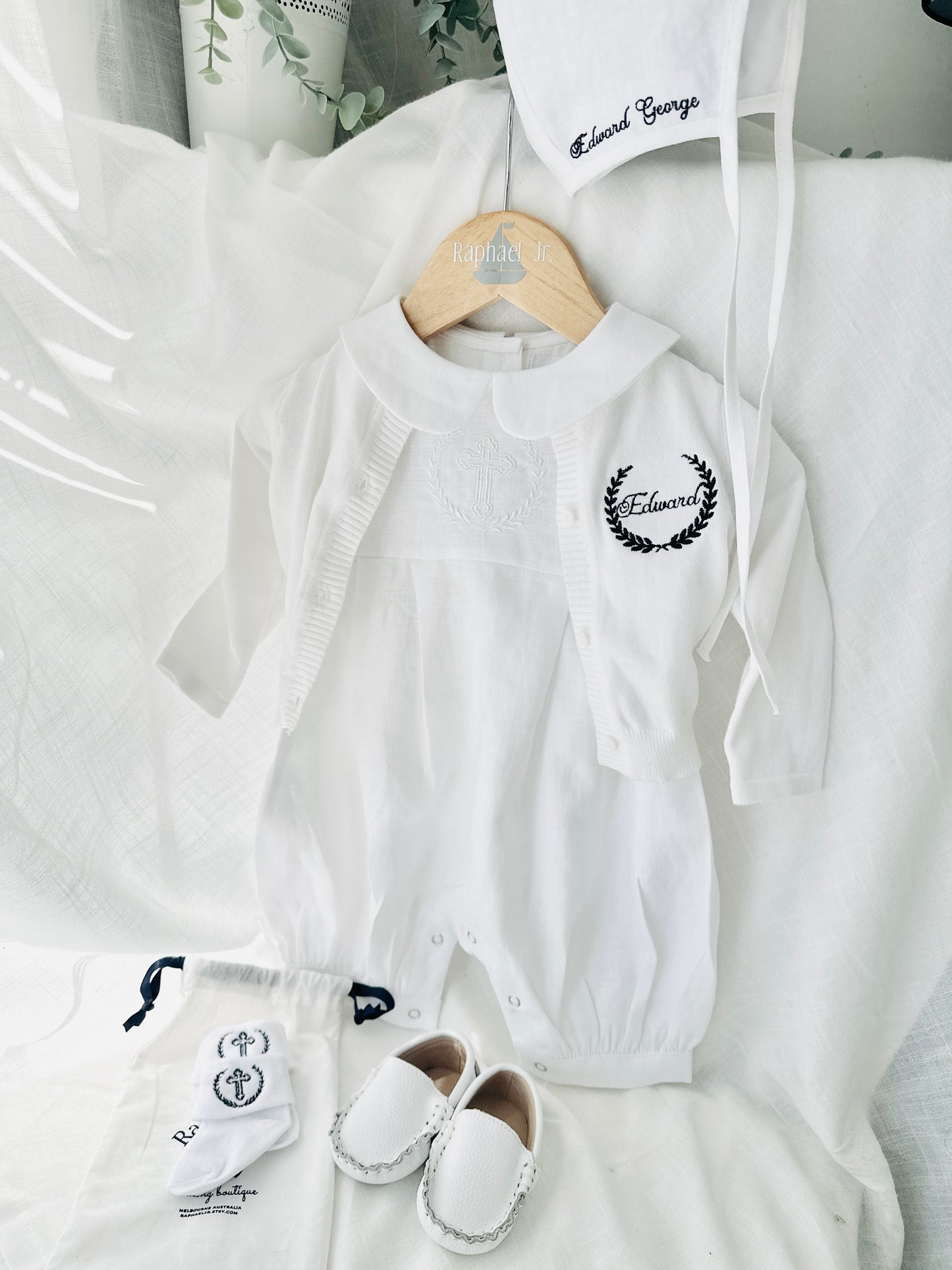 Linen Baptism romper dungaree jumpsuit with optional cardigan and embroidery