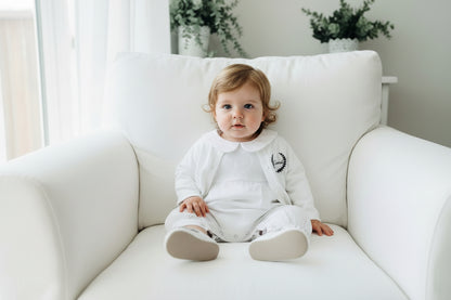 Linen Baptism 3/4 length jumpsuit with optional cardigan and embroidery