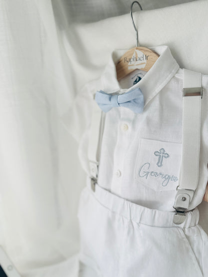White linen Baptism Suit outfit with optional blue jacket and Accessories