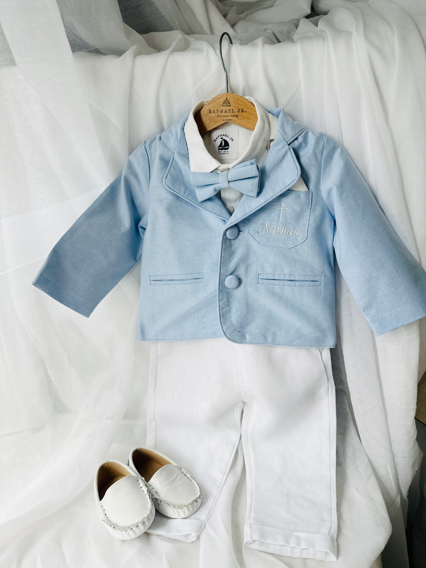 Boys Light blue suit with blue vest, bow tie optional jacket, plus white linen shirt and suspender pants