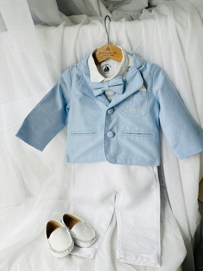 Boys Light blue suit with blue vest, bow tie optional jacket, plus white linen shirt and suspender pants
