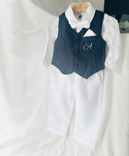 Boys Navy blue vest with white linen suit set