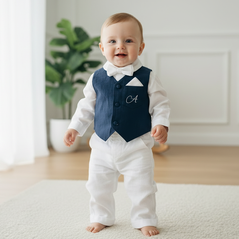 Boys Navy blue vest with white linen suit set