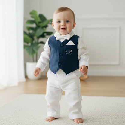 Boys Navy blue vest with white linen suit set