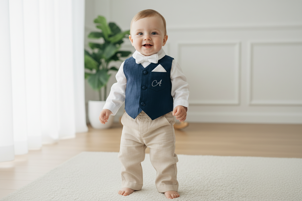 Beige linen suit with Navy blue vest