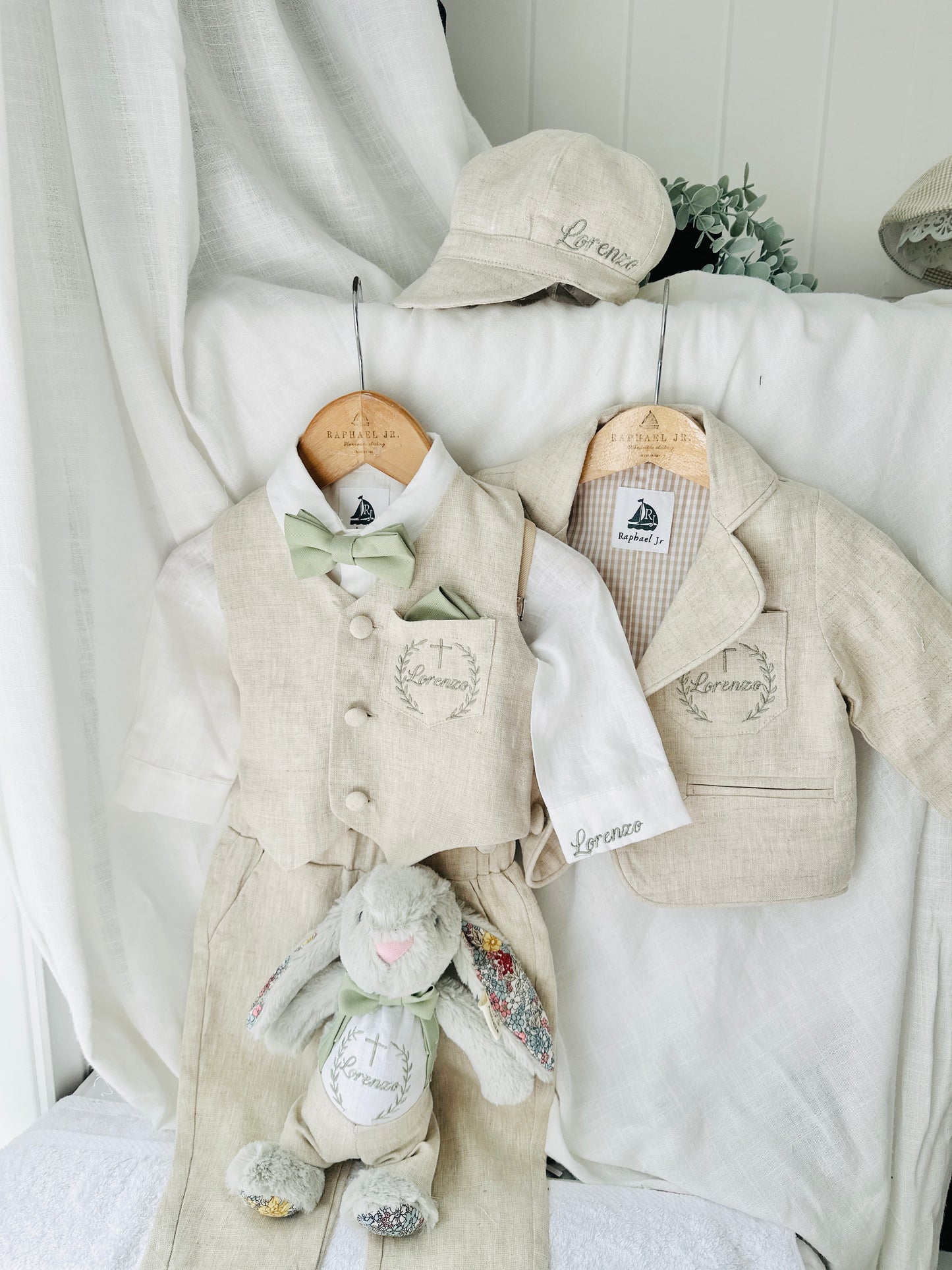 Beige Linen vest suit, shirt, pants, suspenders and bowtie plus optional jacket, cap and shoes