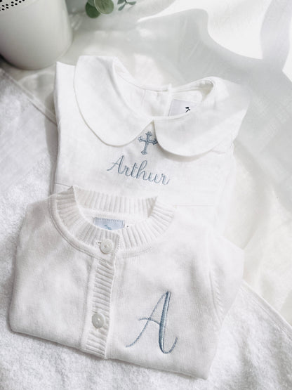 White cotton Baptism christening cardigan sweater with optional embroidery