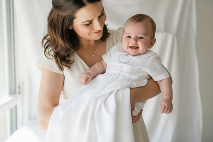 White Linen Unisex Baptism Gown 3/4 length romper with detachable skirt