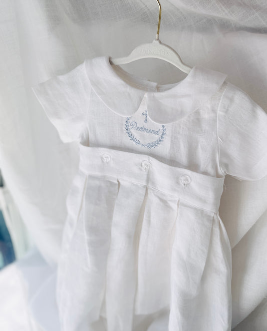 White Linen Baptism Gown romper with detachable skirt dress and optional embroidery