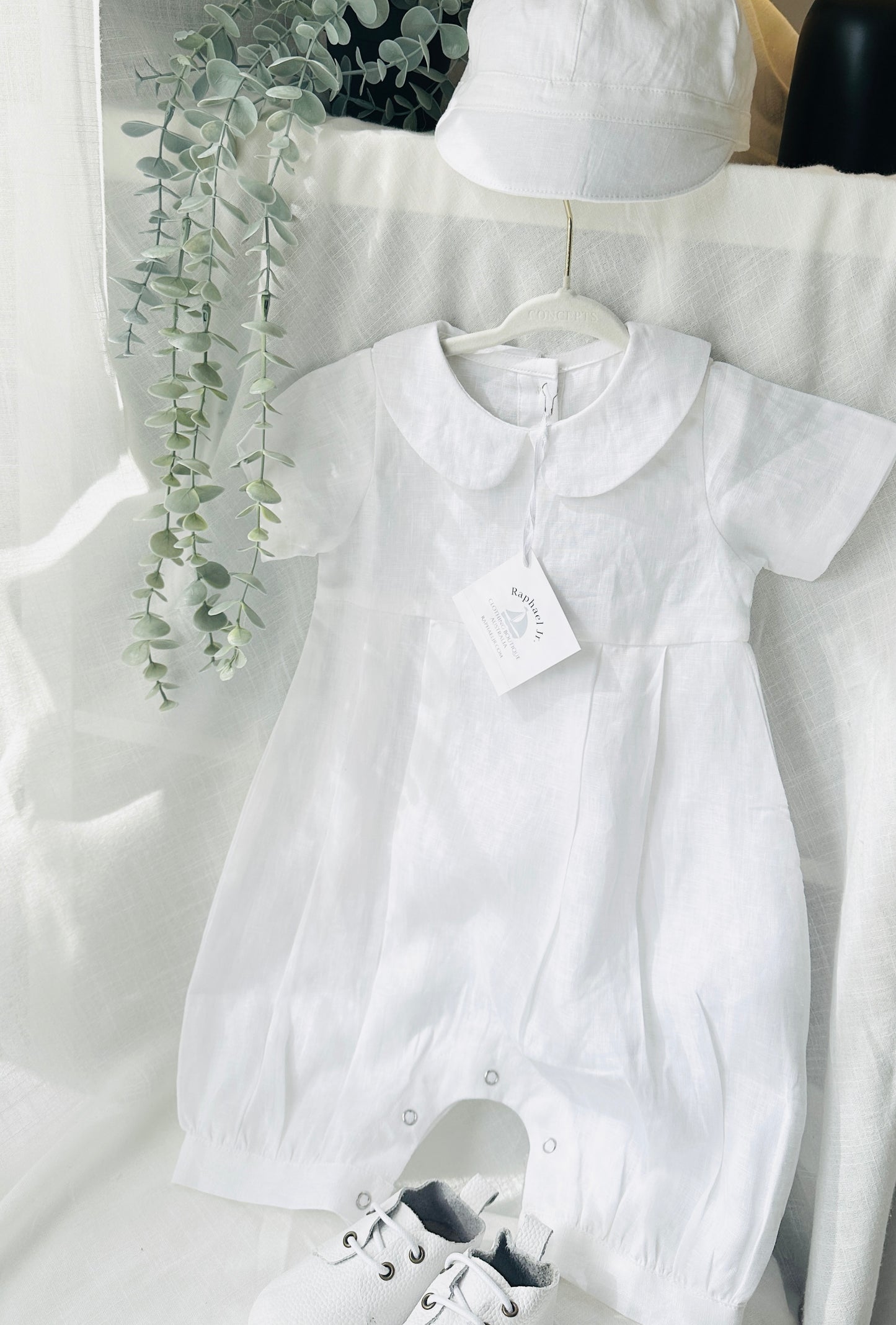 Linen Baptism romper short-all outfit with optional embroidery customisation