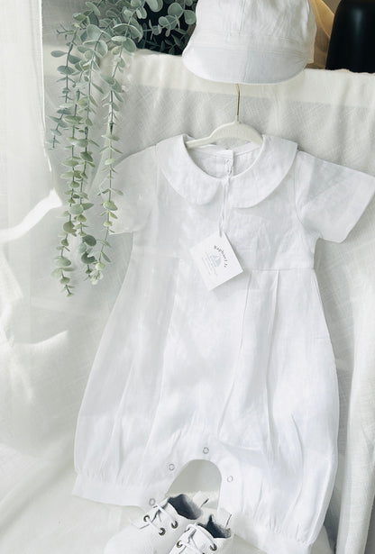 Linen Baptism 3/4 length jumpsuit with optional cardigan and embroidery
