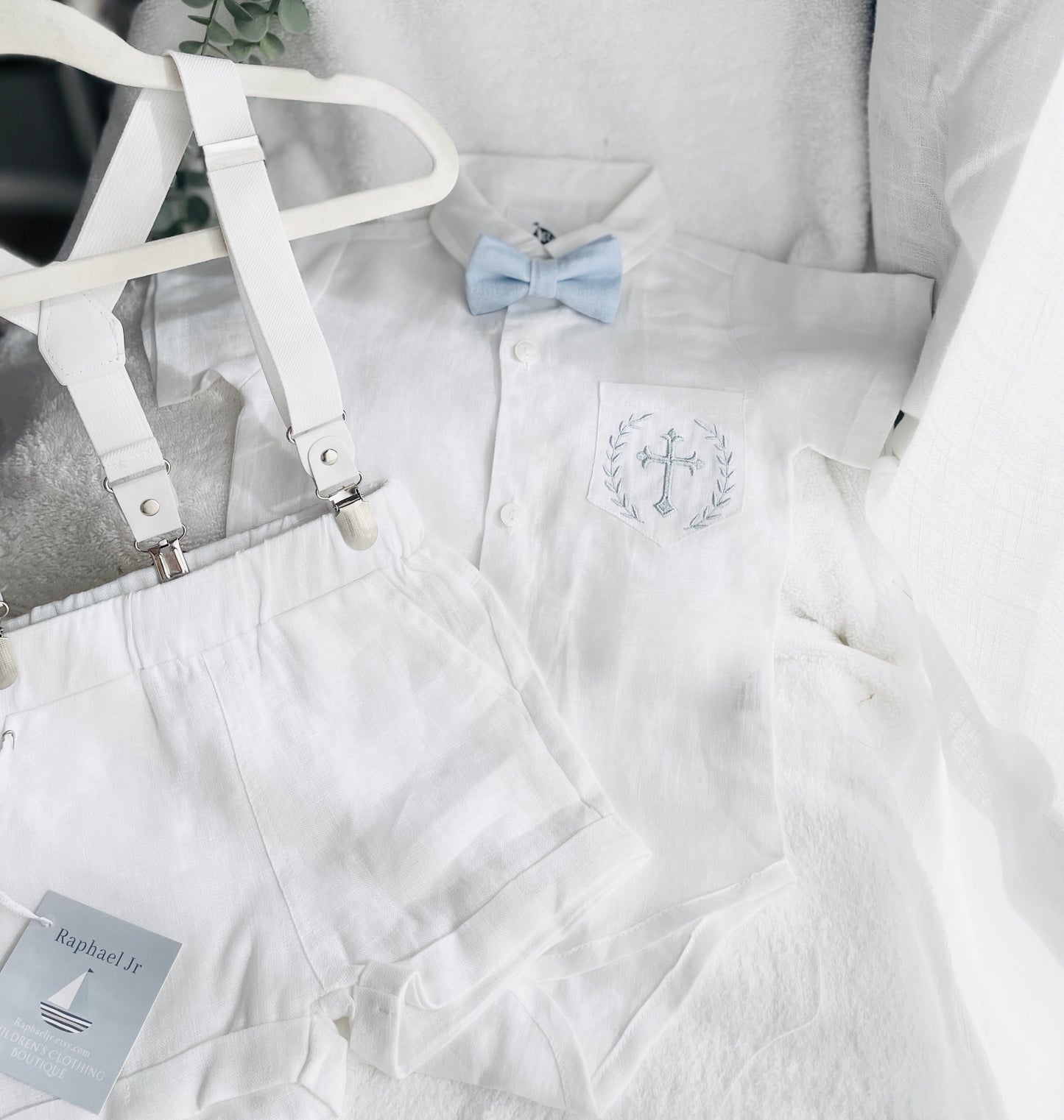 White linen summer Baptism set with shirt shorts suspenders bow tie and optional jacket